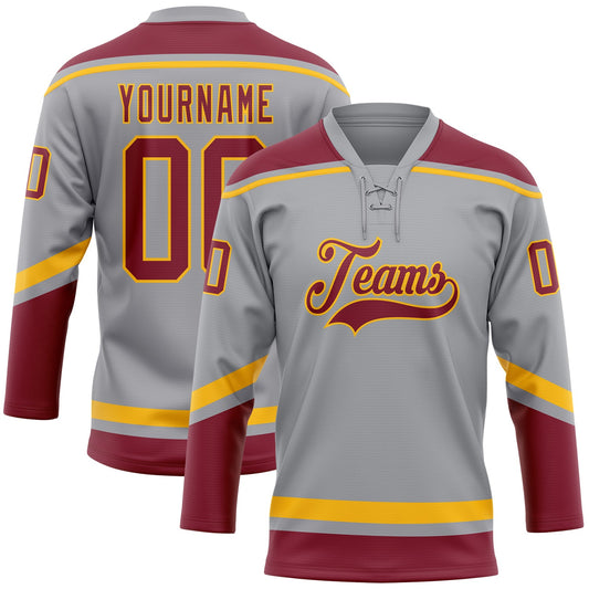 Custom Gray Crimson-Gold Hockey Lace Neck Jersey - Main View