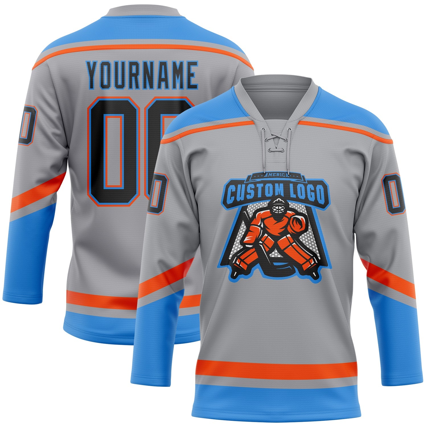 Custom Gray Black Powder Blue-Orange Hockey Lace Neck Jersey view 2