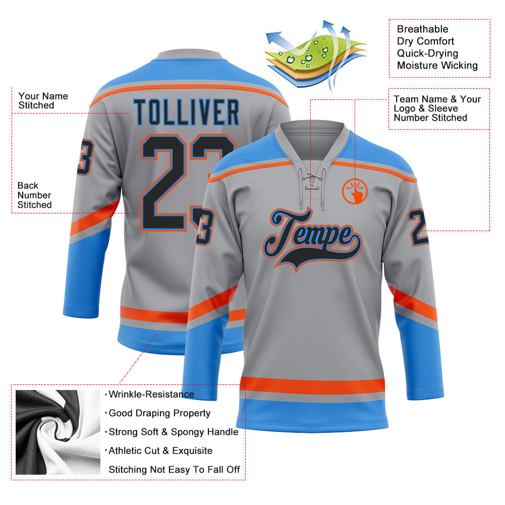 Custom Gray Black Powder Blue-Orange Hockey Lace Neck Jersey view 3