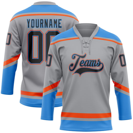 Custom Gray Black Powder Blue-Orange Hockey Lace Neck Jersey - Main View