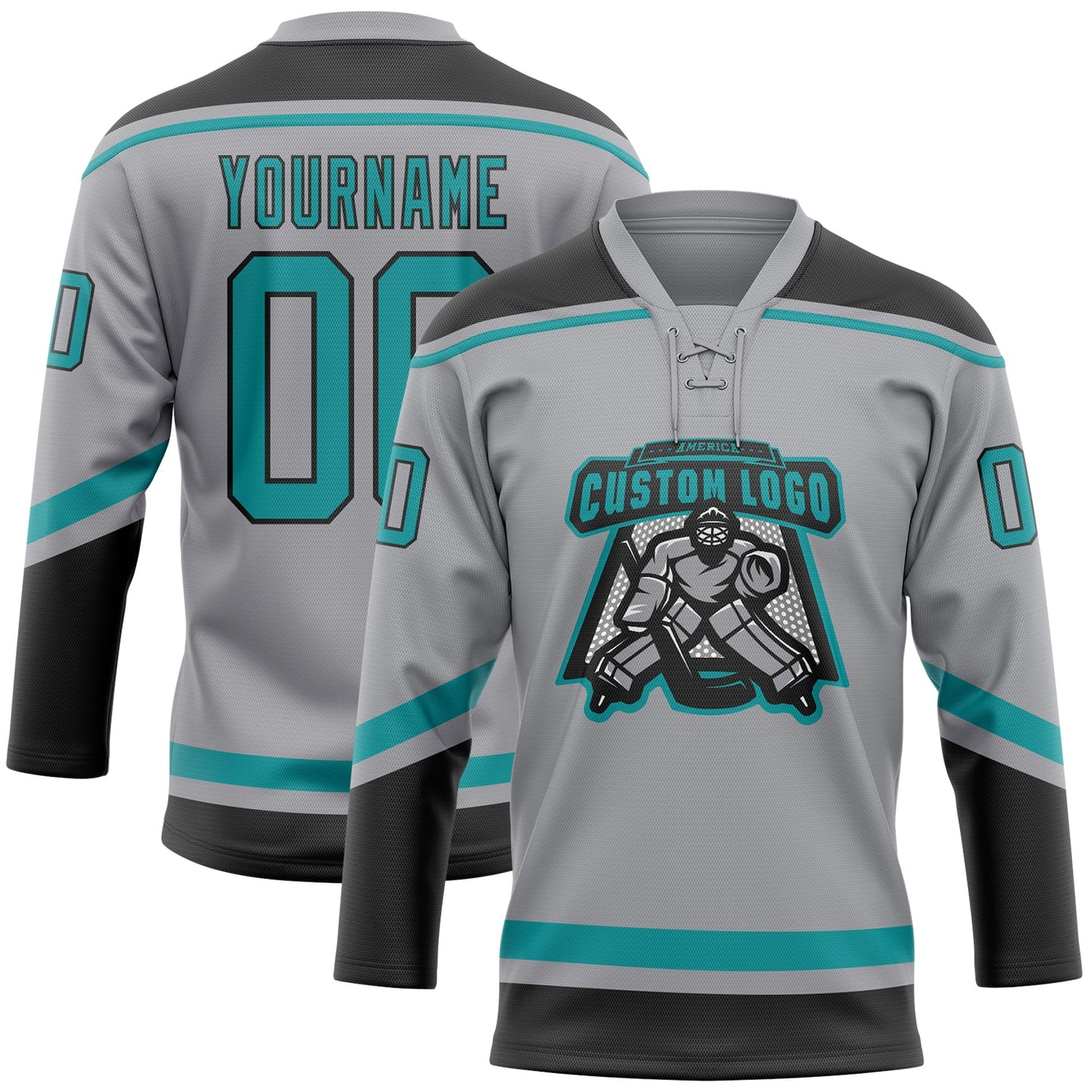 Custom Gray Teal-Black Hockey Lace Neck Jersey view 2