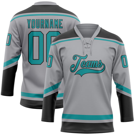 Custom Gray Teal-Black Hockey Lace Neck Jersey - Main View