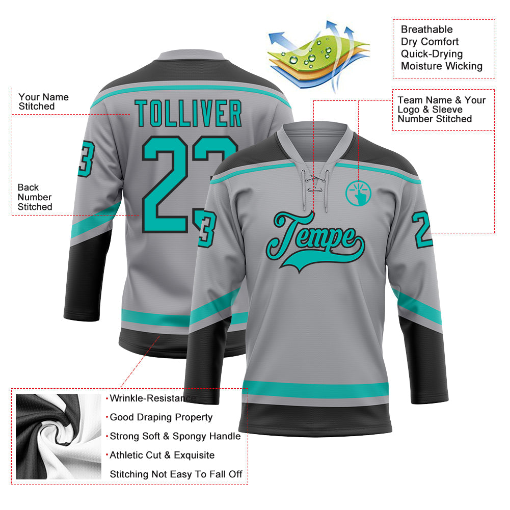 Custom Gray Aqua-Black Hockey Lace Neck Jersey view 3