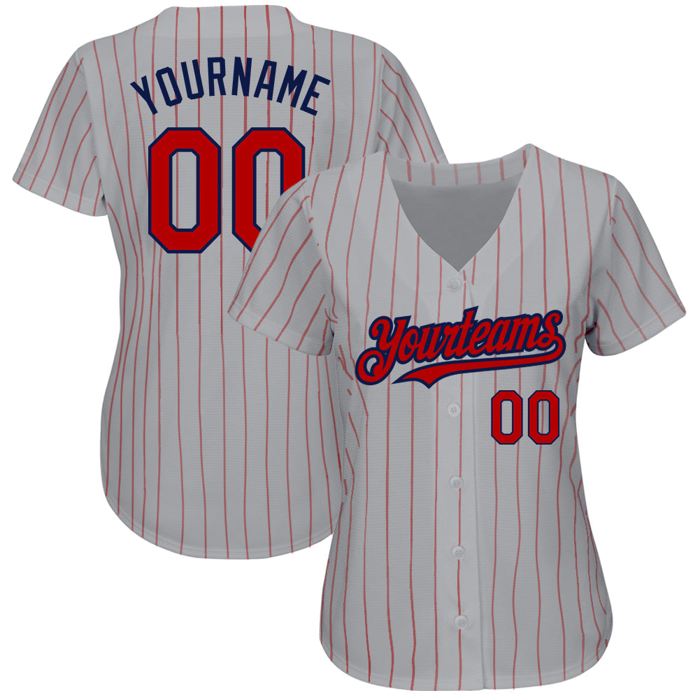 Custom Gray Red Pinstripe Navy Authentic Baseball Jersey view 2