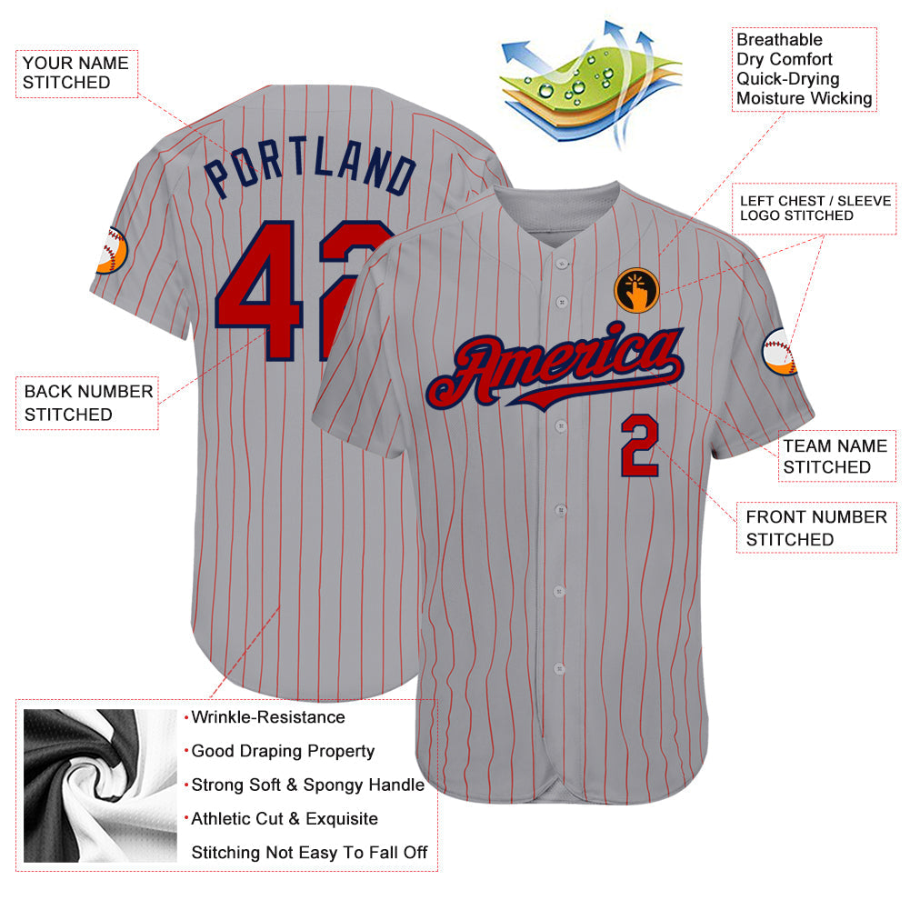 Custom Gray Red Pinstripe Navy Authentic Baseball Jersey view 3