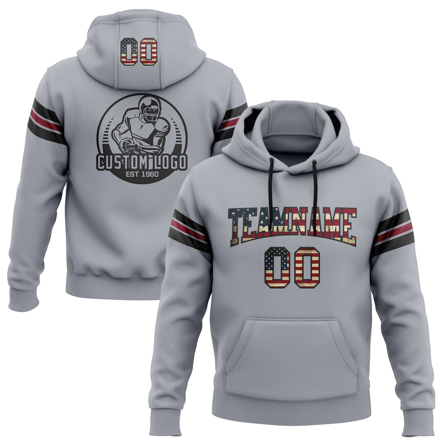 Custom Stitched Gray Vintage USA Flag Black-Crimson Football Pullover Sweatshirt Hoodie - Main View