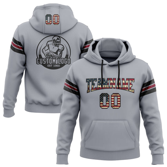 Custom Stitched Gray Vintage USA Flag Black-Crimson Football Pullover Sweatshirt Hoodie - Main View