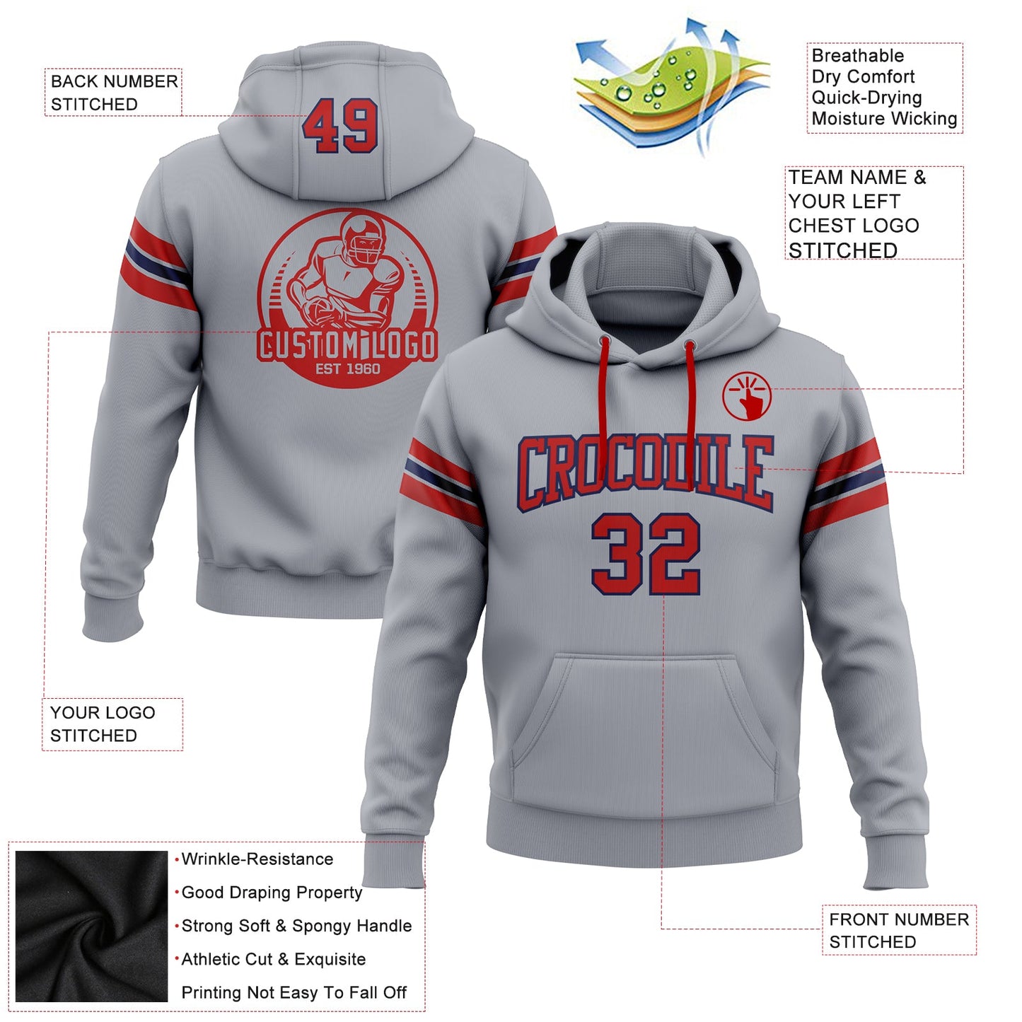 Custom Stitched Gray Red-Navy Football Pullover Sweatshirt Hoodie view 2