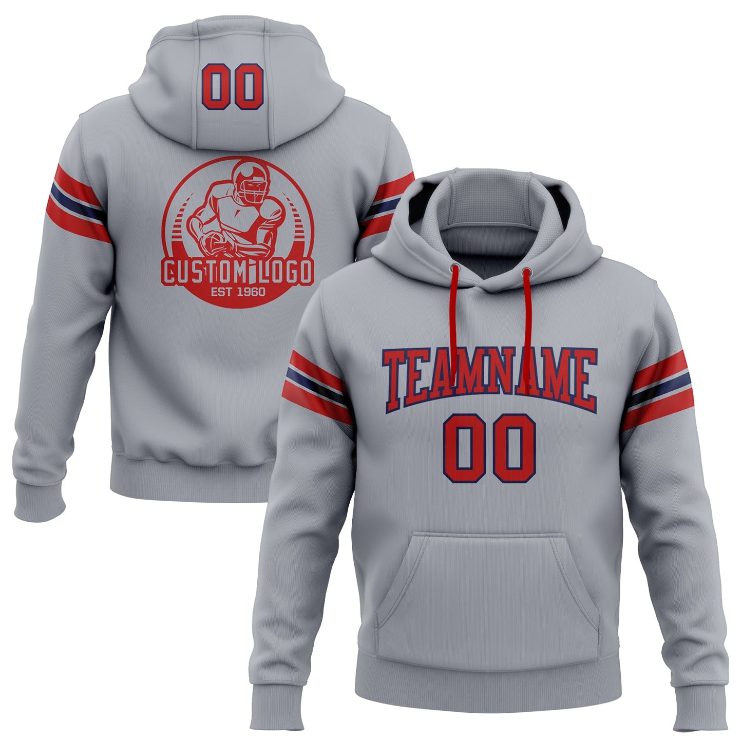 Custom Stitched Gray Red-Navy Football Pullover Sweatshirt Hoodie - Main View