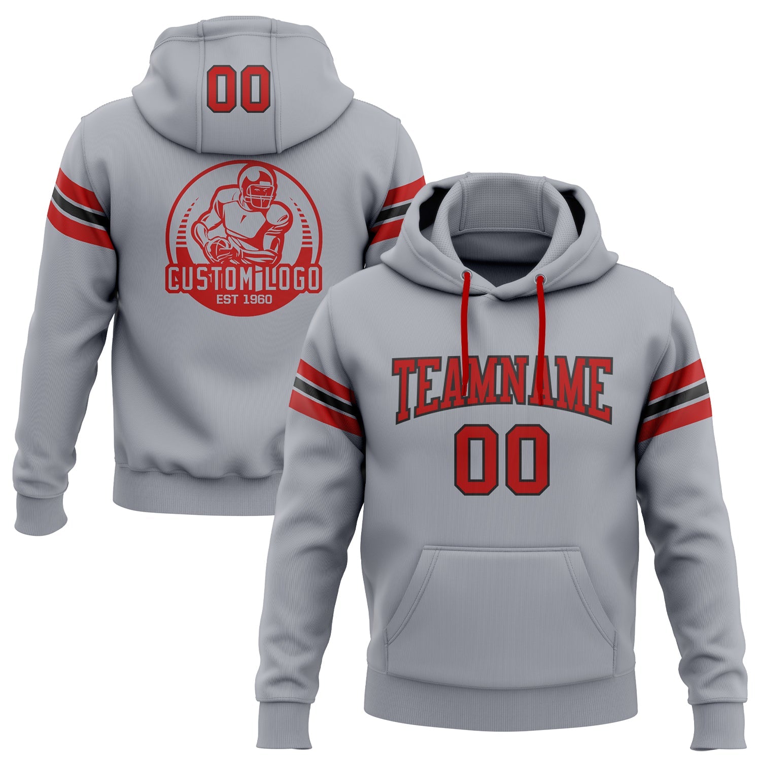 Custom Stitched Gray Red-Black Football Pullover Sweatshirt Hoodie - Main View