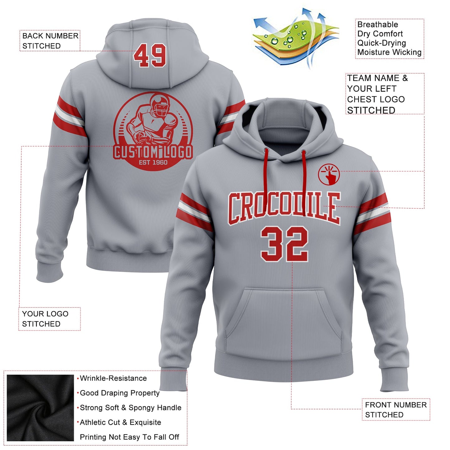 Custom Stitched Gray Red-White Football Pullover Sweatshirt Hoodie view 2