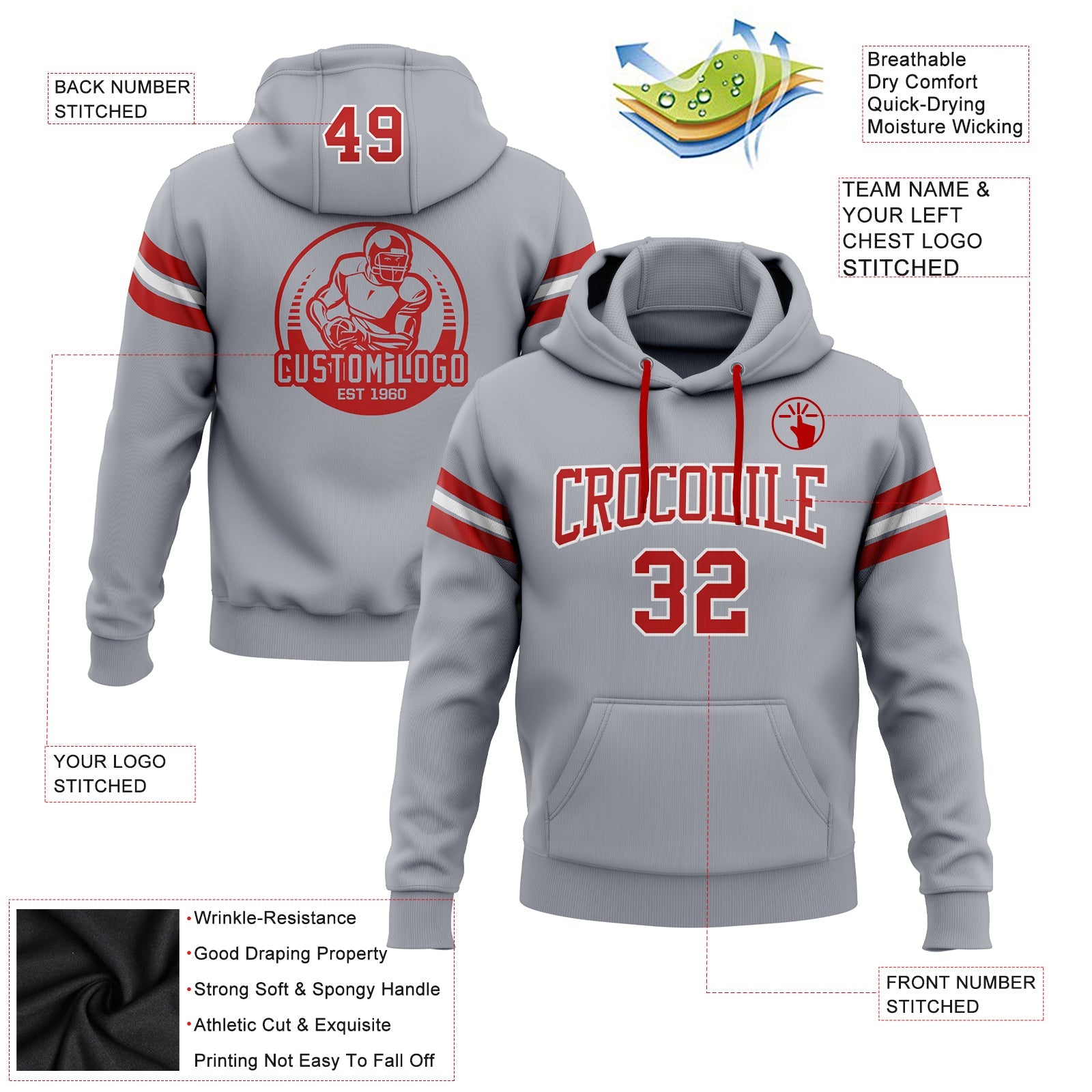 Custom Stitched Gray Red-White Football Pullover Sweatshirt Hoodie view 2