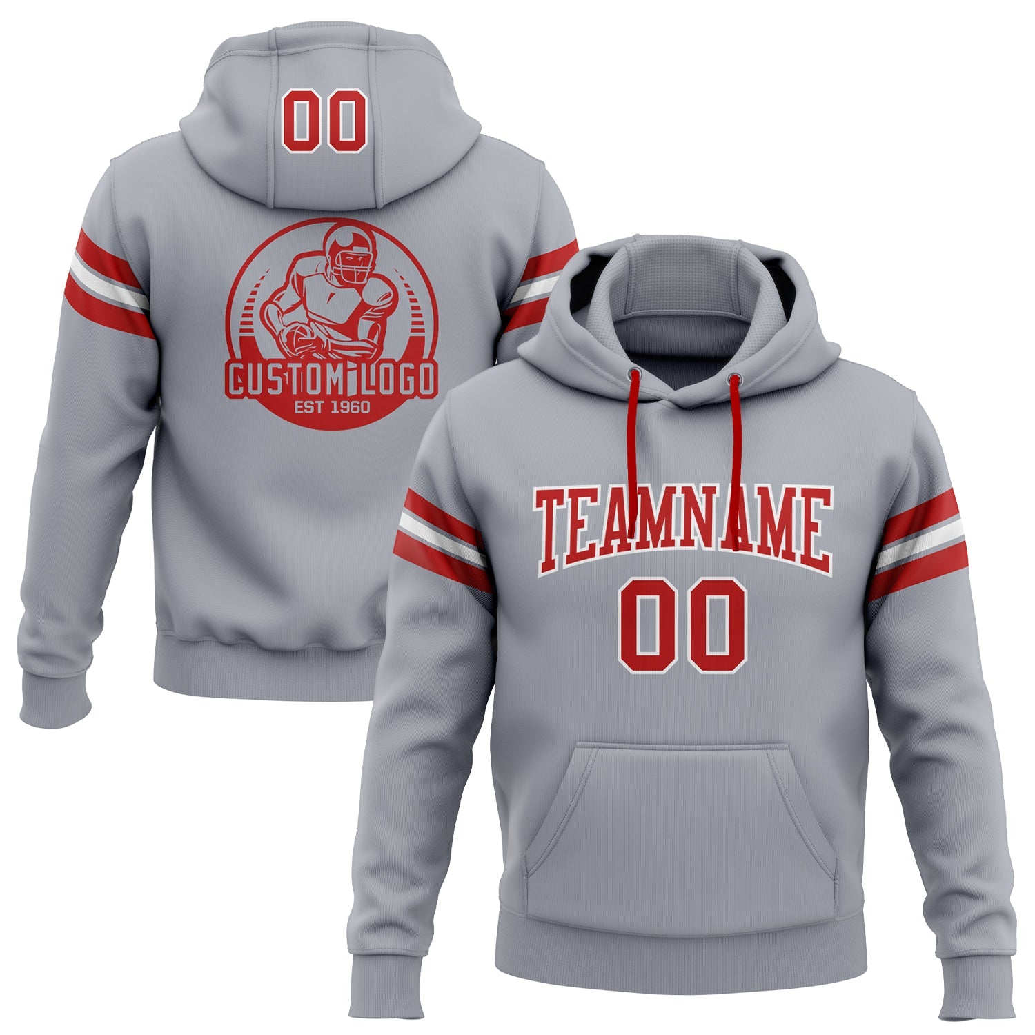 Custom Stitched Gray Red-White Football Pullover Sweatshirt Hoodie - Main View