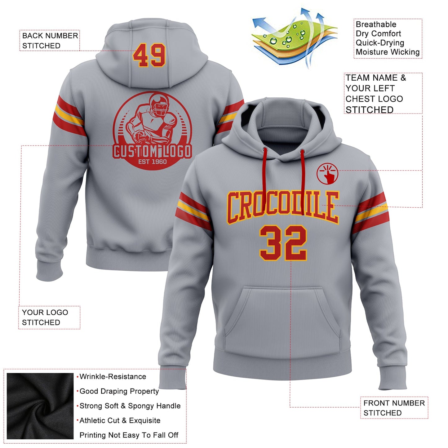 Custom Stitched Gray Red-Gold Football Pullover Sweatshirt Hoodie view 2