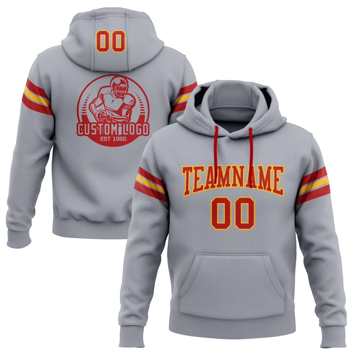 Custom Stitched Gray Red-Gold Football Pullover Sweatshirt Hoodie - Main View