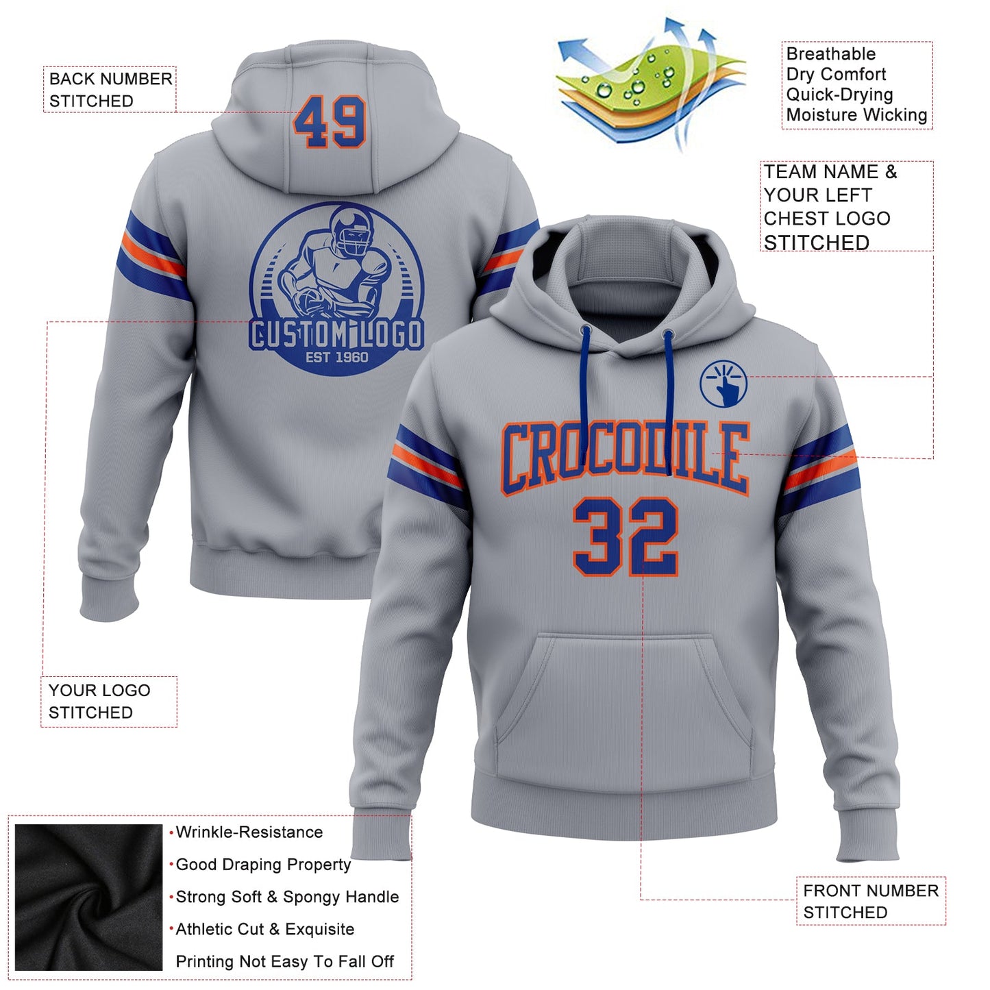 Custom Stitched Gray Royal-Orange Football Pullover Sweatshirt Hoodie view 2
