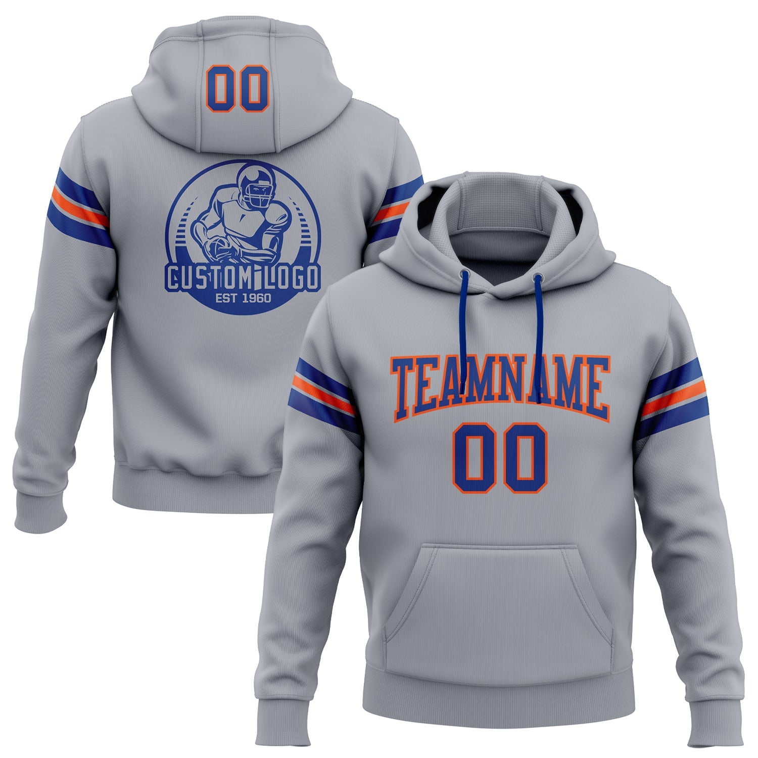Custom Stitched Gray Royal-Orange Football Pullover Sweatshirt Hoodie - Main View