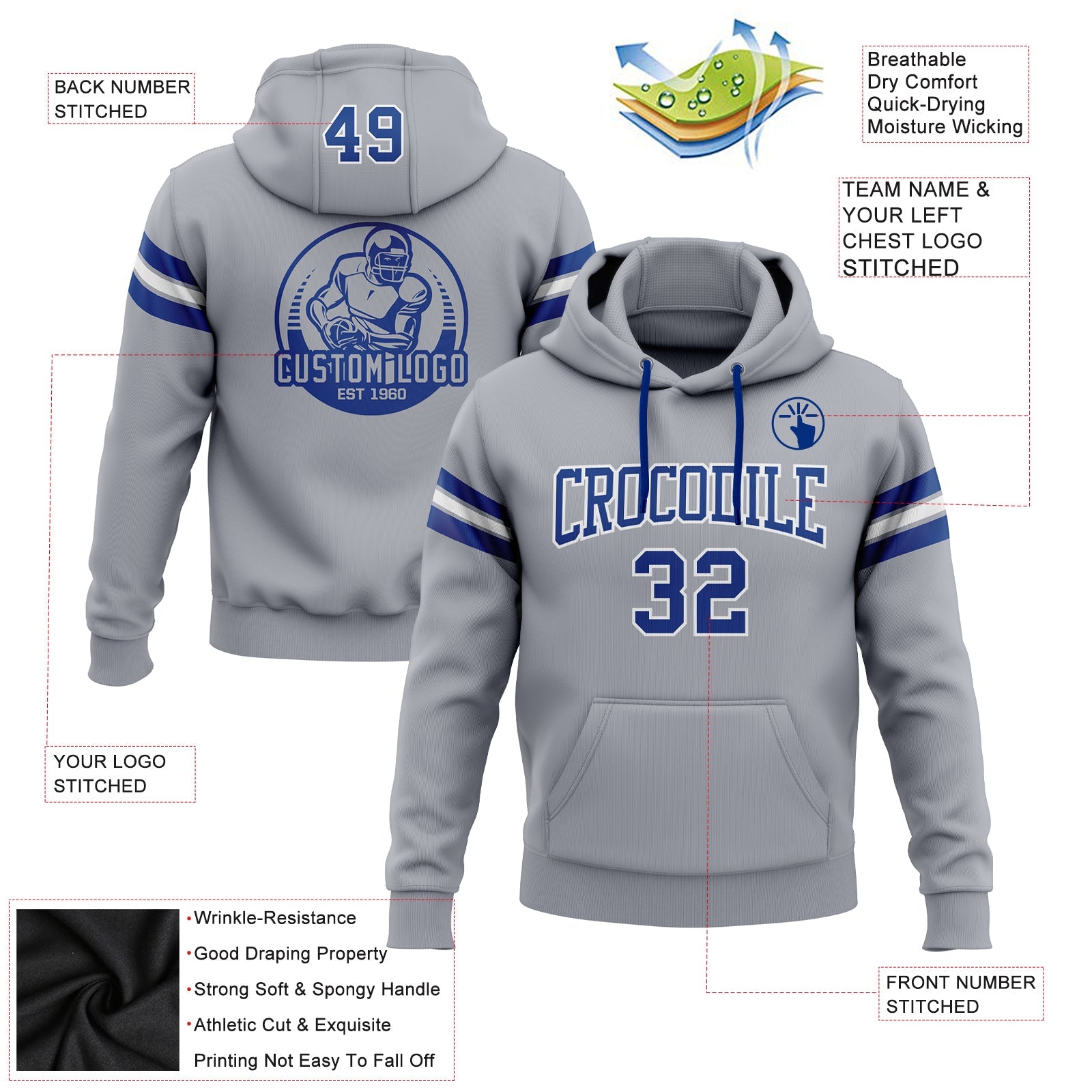 Custom Stitched Gray Royal-White Football Pullover Sweatshirt Hoodie view 2