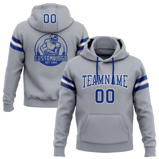 Custom Stitched Gray Royal-White Football Pullover Sweatshirt Hoodie - Main View