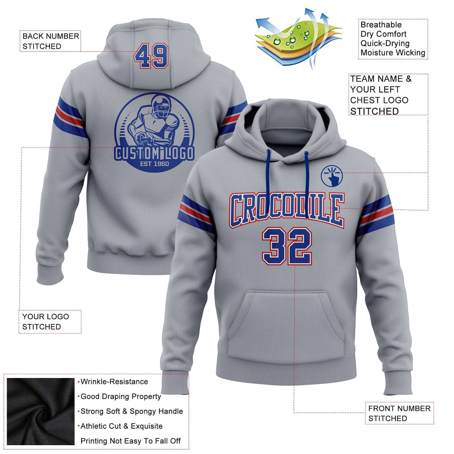 Custom Stitched Gray Royal-Red Football Pullover Sweatshirt Hoodie view 2