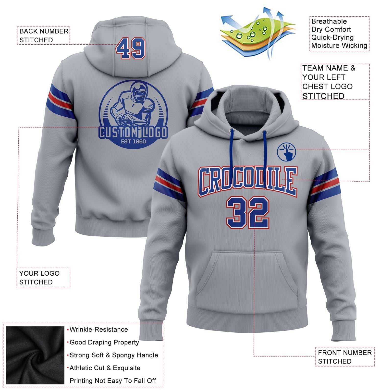 Custom Stitched Gray Royal-Red Football Pullover Sweatshirt Hoodie view 2