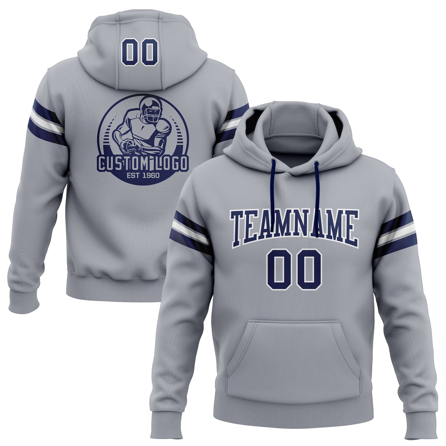 Custom Stitched Gray Navy-White Football Pullover Sweatshirt Hoodie - Main View