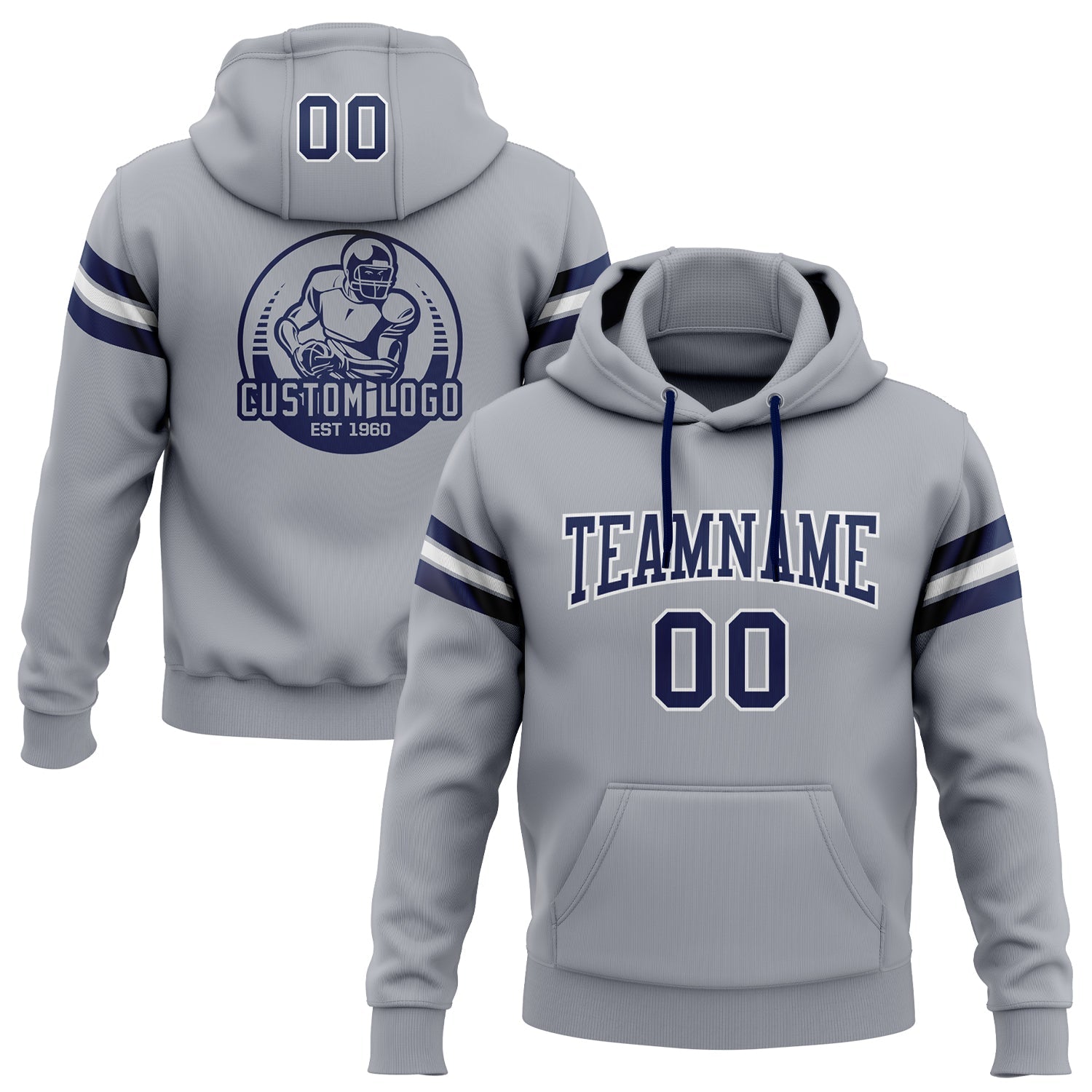 Custom Stitched Gray Navy-White Football Pullover Sweatshirt Hoodie - Main View