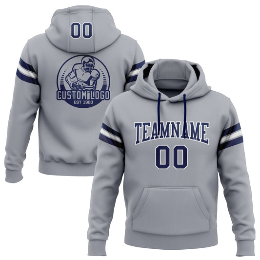 Custom Stitched Gray Navy-White Football Pullover Sweatshirt Hoodie - Main View