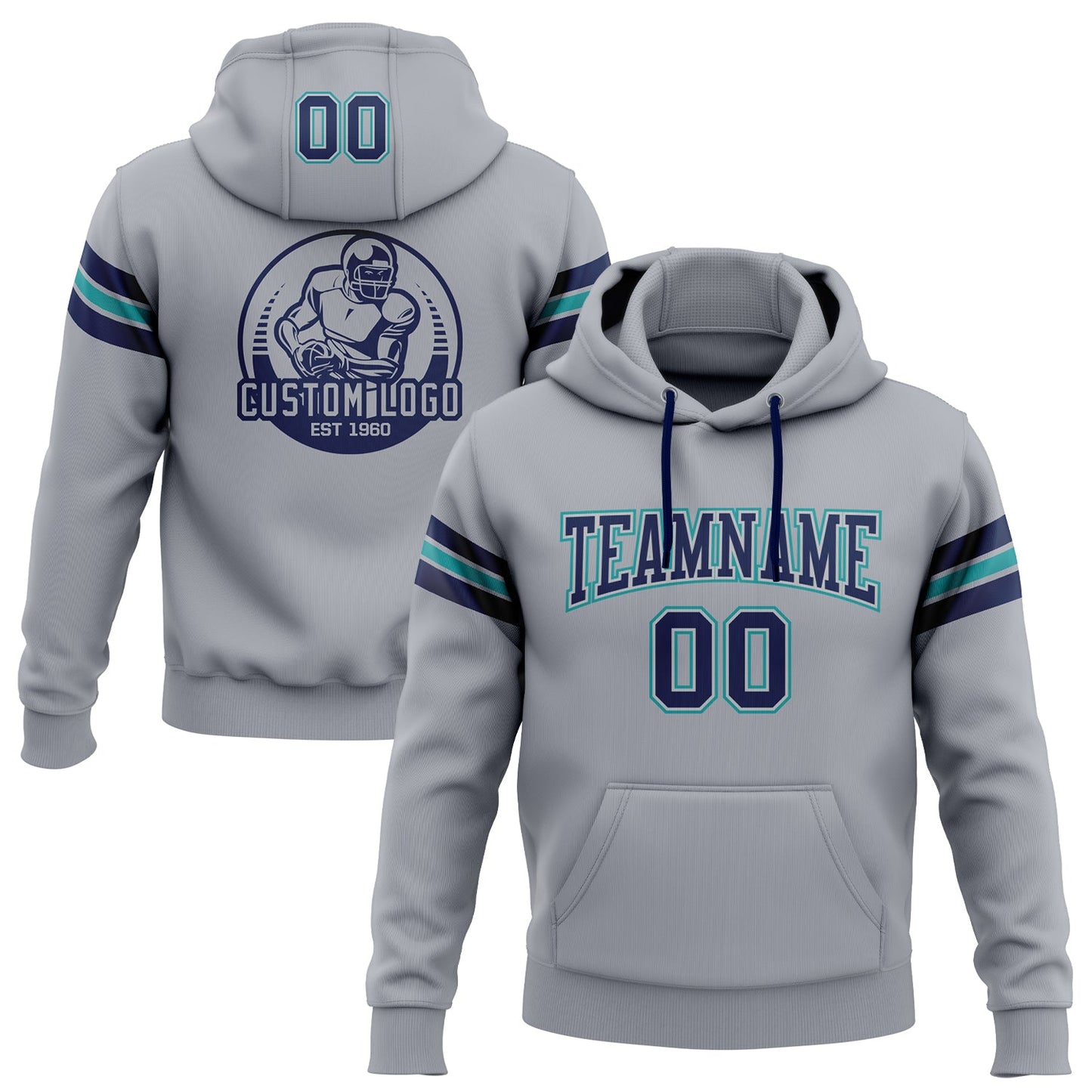 Custom Stitched Gray Navy-Teal Football Pullover Sweatshirt Hoodie - Main View