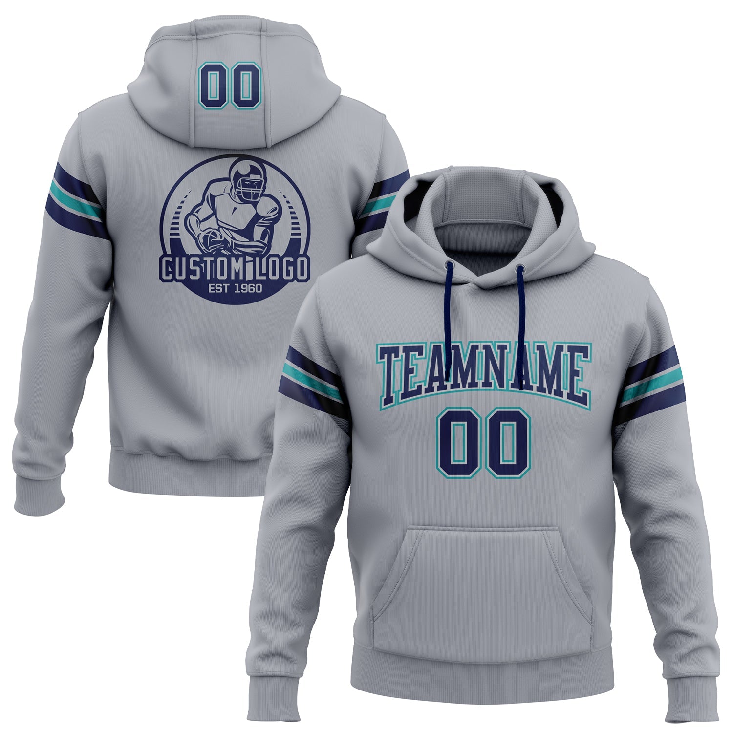 Custom Stitched Gray Navy-Teal Football Pullover Sweatshirt Hoodie - Main View