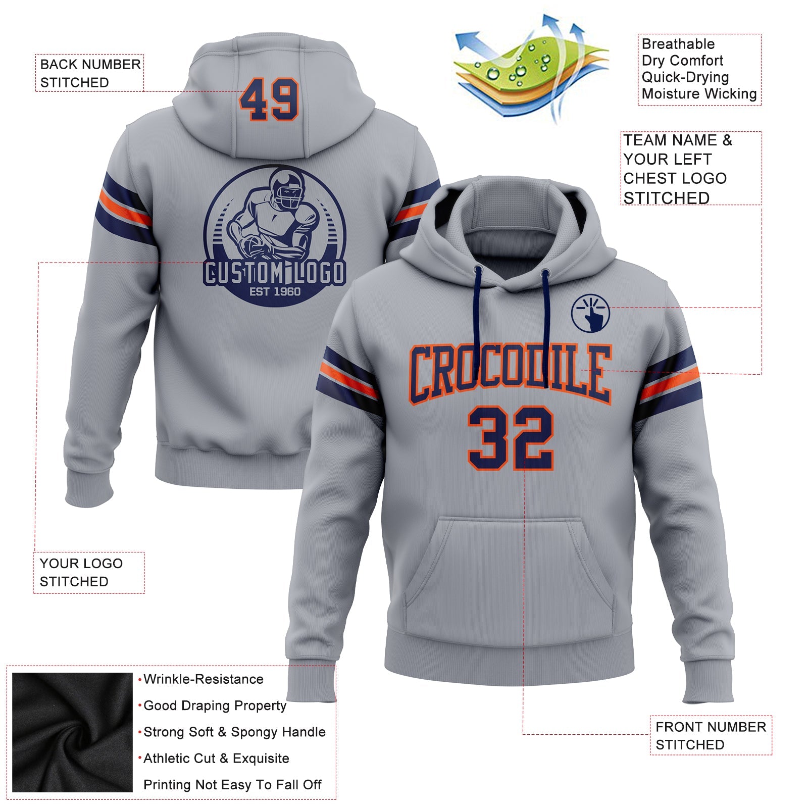 Custom Stitched Gray Navy-Orange Football Pullover Sweatshirt Hoodie view 2