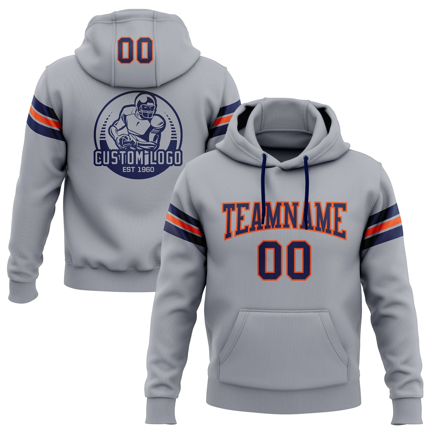 Custom Stitched Gray Navy-Orange Football Pullover Sweatshirt Hoodie - Main View