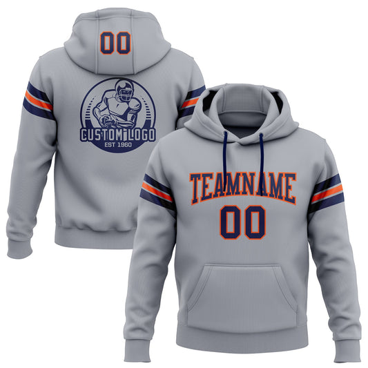 Custom Stitched Gray Navy-Orange Football Pullover Sweatshirt Hoodie - Main View