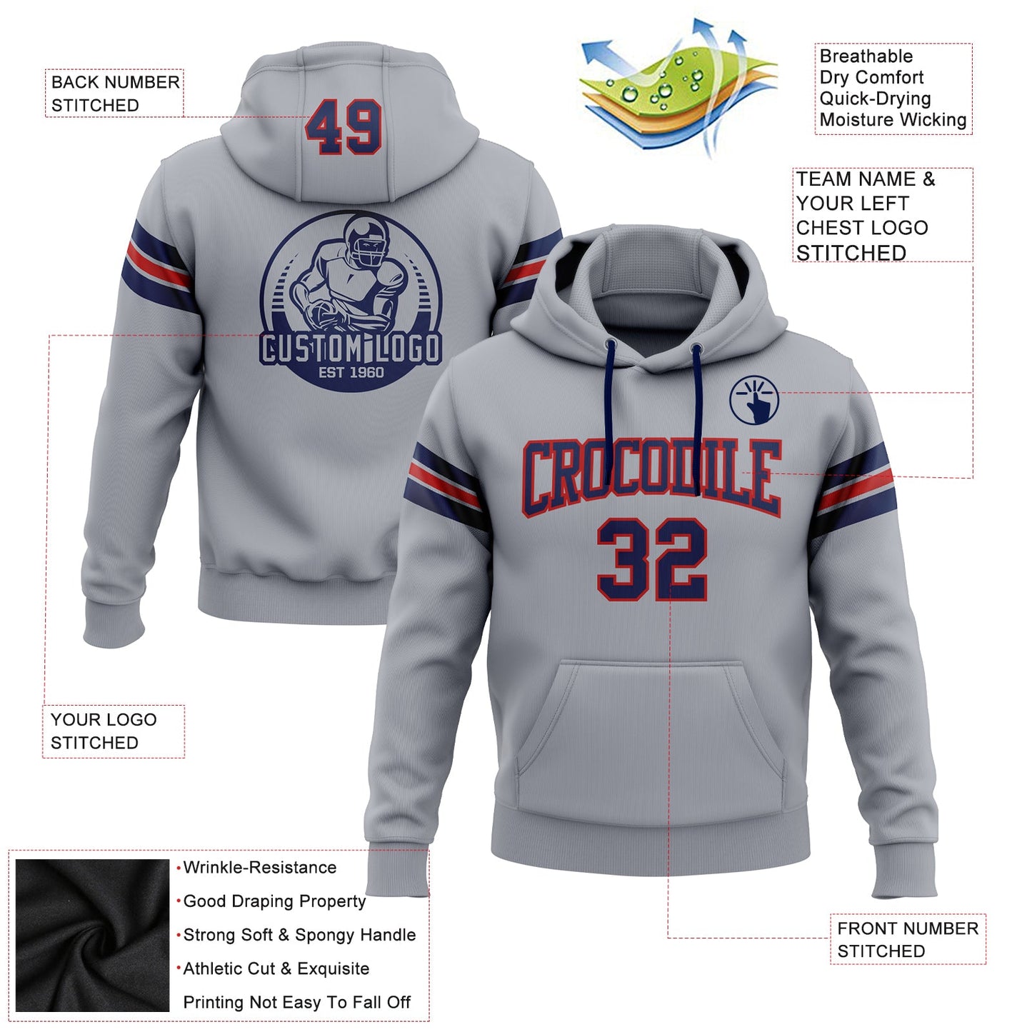 Custom Stitched Gray Navy-Red Football Pullover Sweatshirt Hoodie view 2