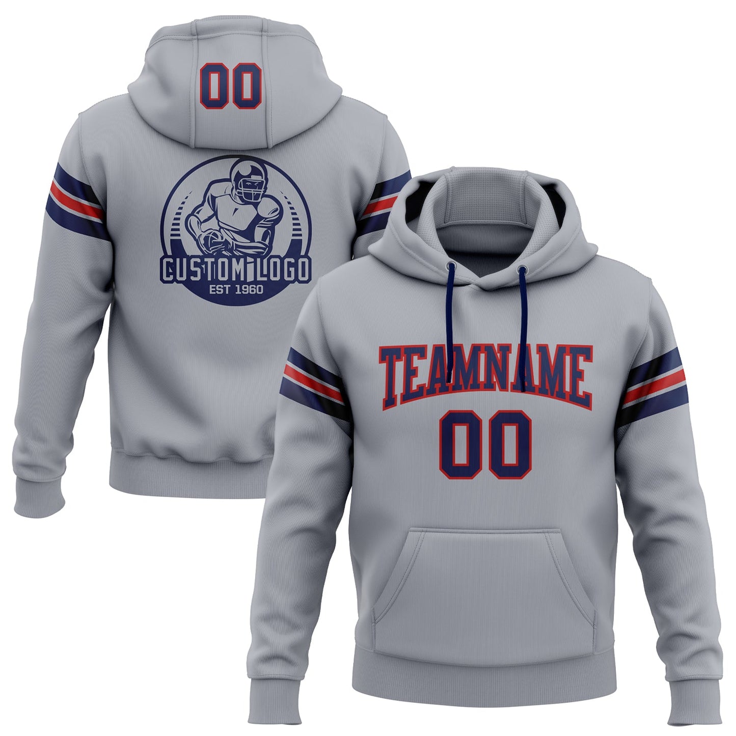 Custom Stitched Gray Navy-Red Football Pullover Sweatshirt Hoodie - Main View