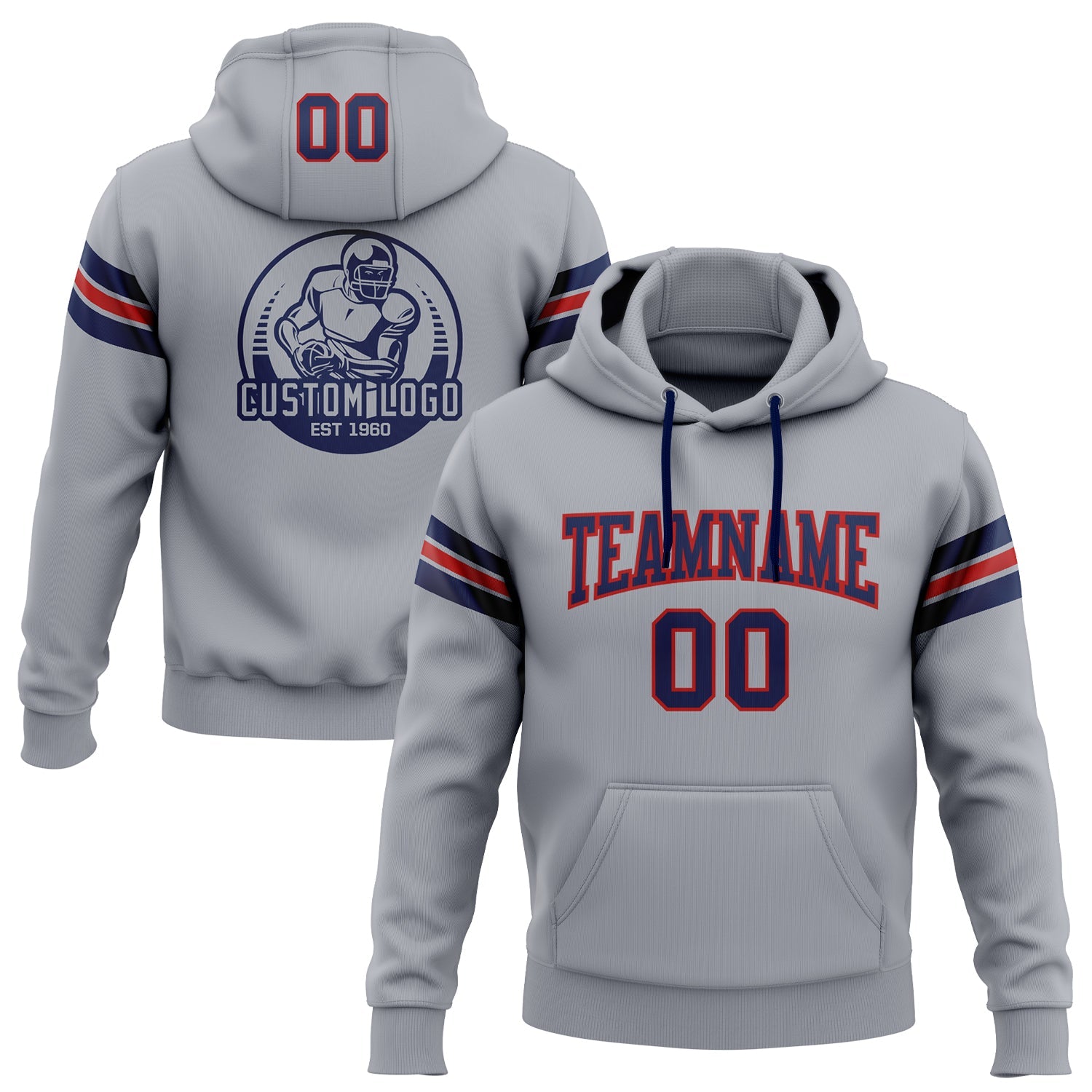 Custom Stitched Gray Navy-Red Football Pullover Sweatshirt Hoodie - Main View