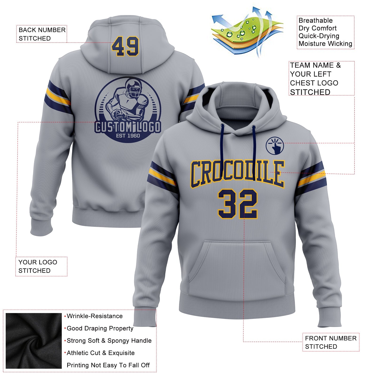 Custom Stitched Gray Navy-Gold Football Pullover Sweatshirt Hoodie view 2