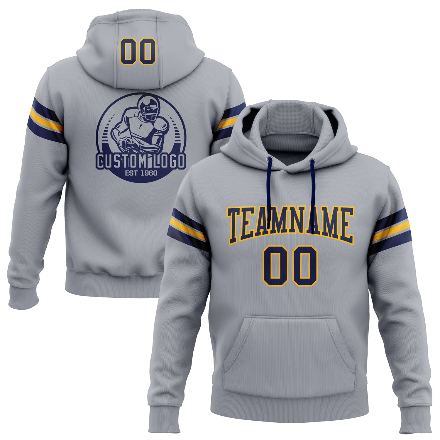 Custom Stitched Gray Navy-Gold Football Pullover Sweatshirt Hoodie - Main View