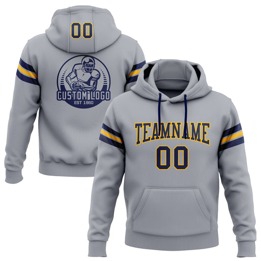 Custom Stitched Gray Navy-Gold Football Pullover Sweatshirt Hoodie - Main View