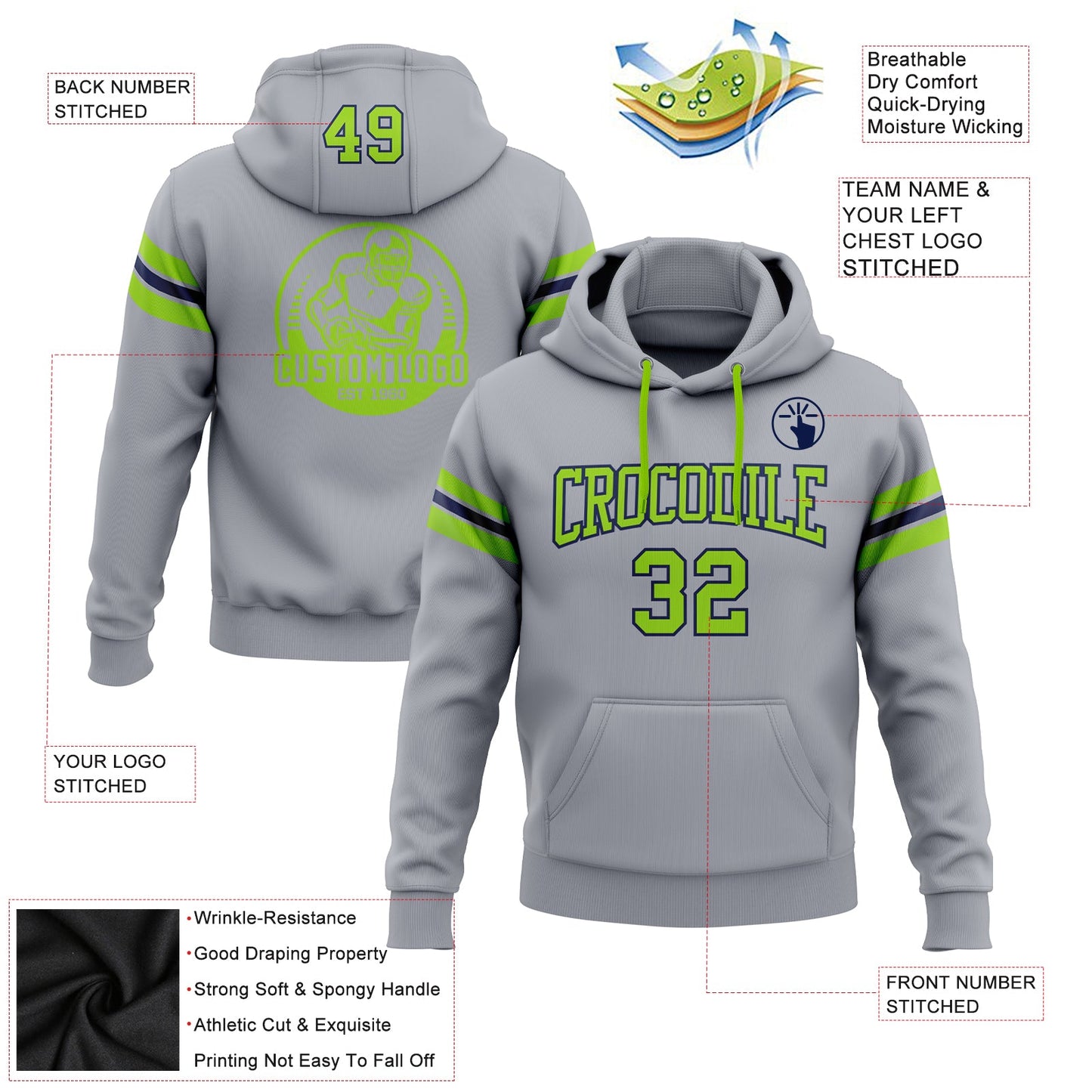 Custom Stitched Gray Neon Green-Navy Football Pullover Sweatshirt Hoodie view 2