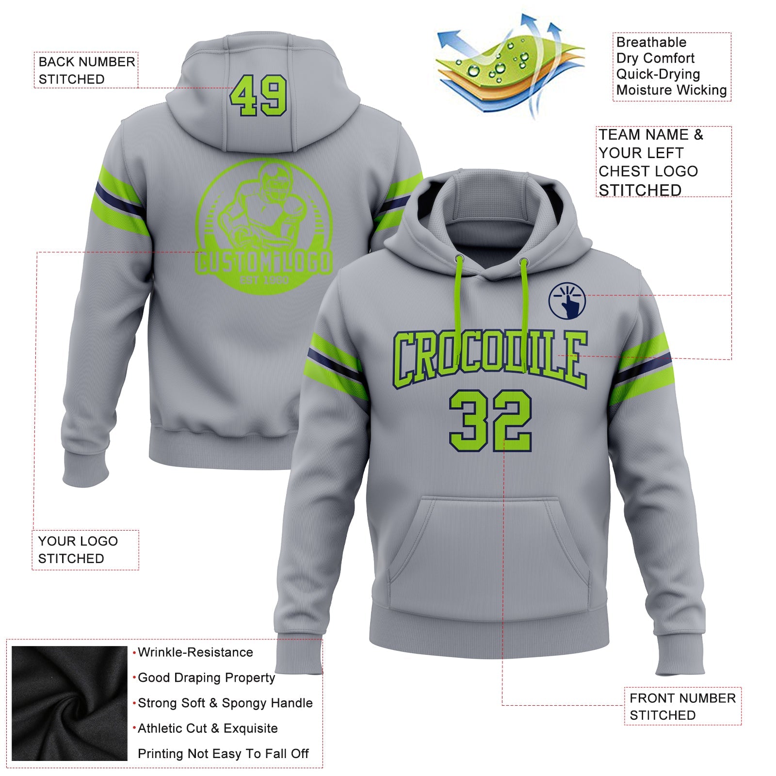 Custom Stitched Gray Neon Green-Navy Football Pullover Sweatshirt Hoodie view 2