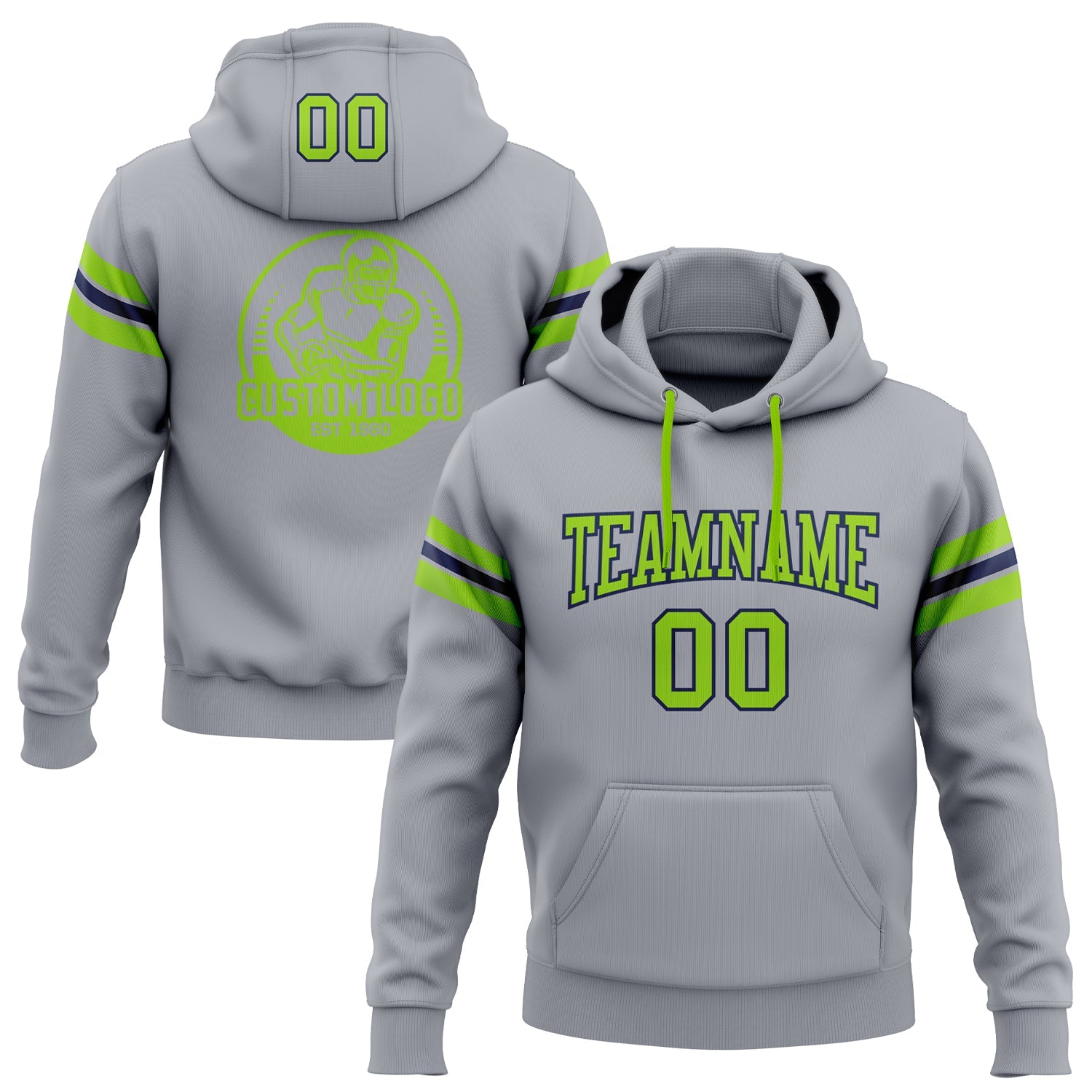 Custom Stitched Gray Neon Green-Navy Football Pullover Sweatshirt Hoodie - Main View