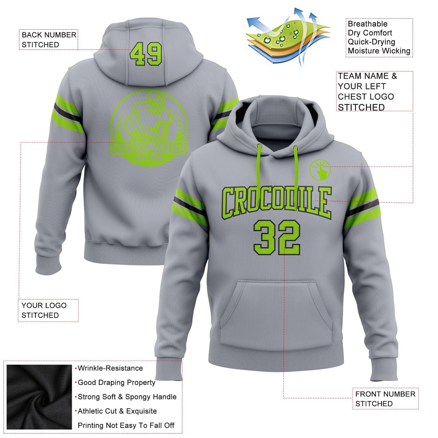 Custom Stitched Gray Neon Green-Black Football Pullover Sweatshirt Hoodie view 2