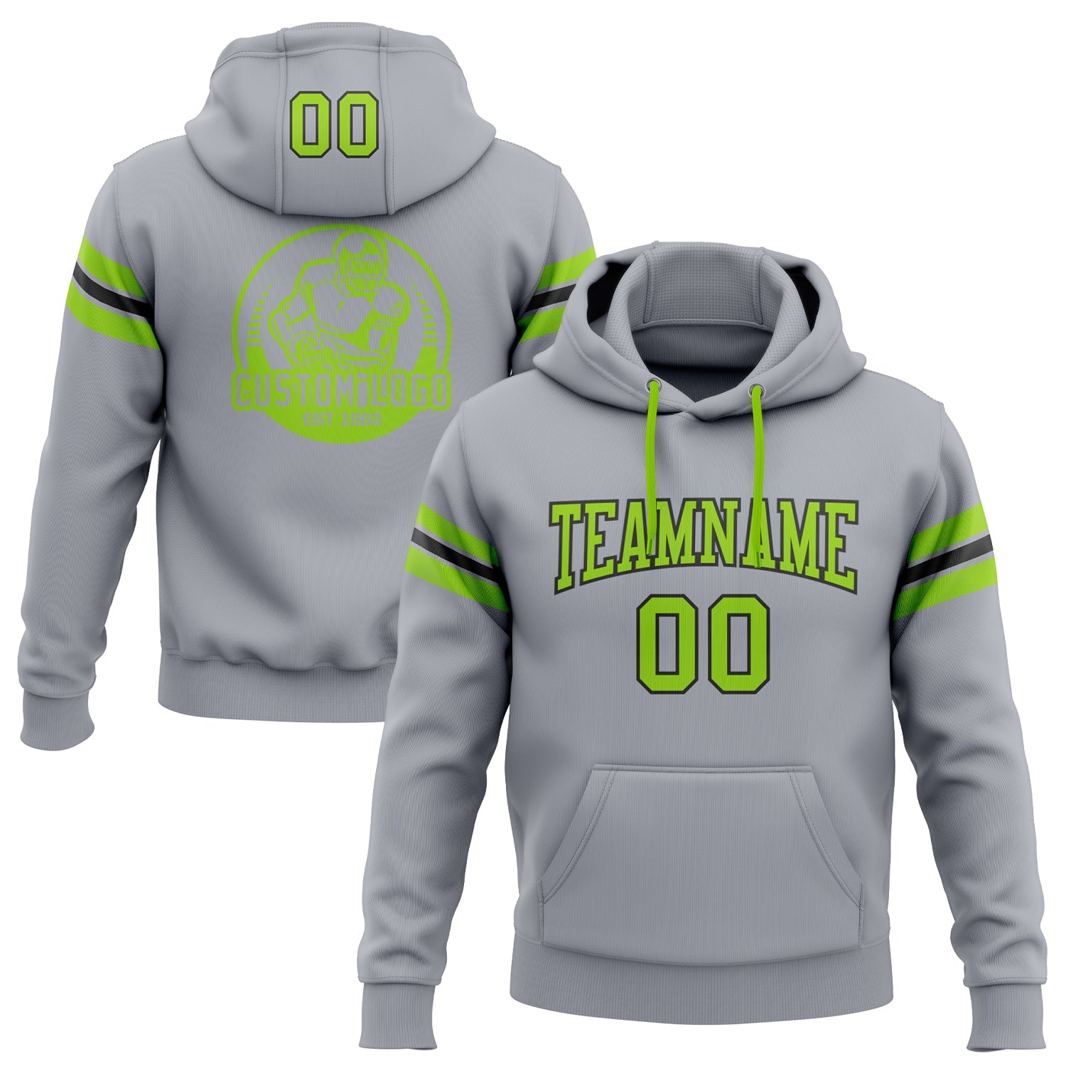 Custom Stitched Gray Neon Green-Black Football Pullover Sweatshirt Hoodie - Main View