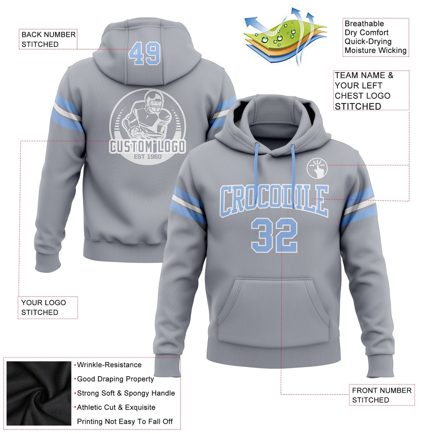 Custom Stitched Gray Light Blue-White Football Pullover Sweatshirt Hoodie view 2