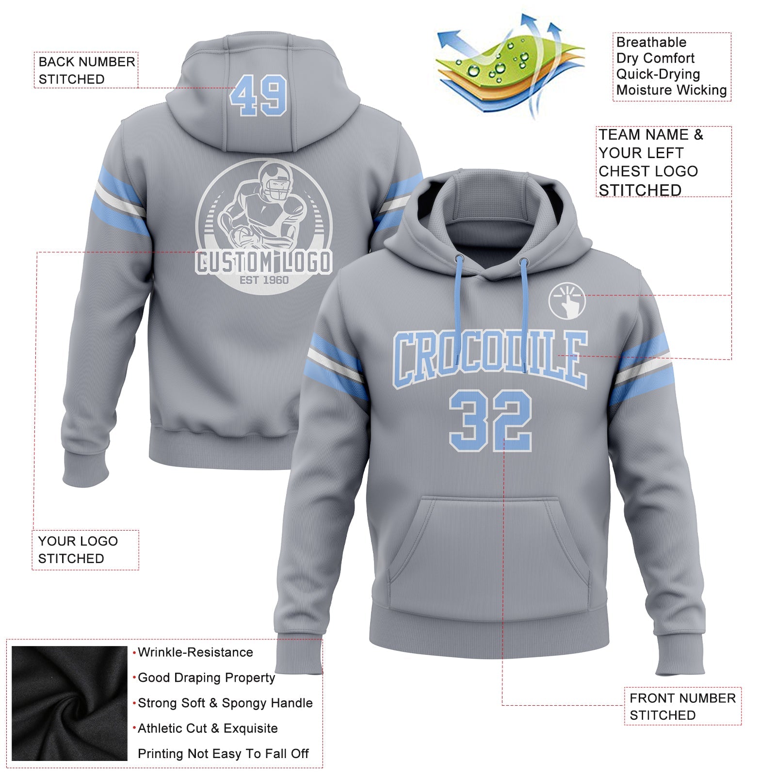 Custom Stitched Gray Light Blue-White Football Pullover Sweatshirt Hoodie view 2