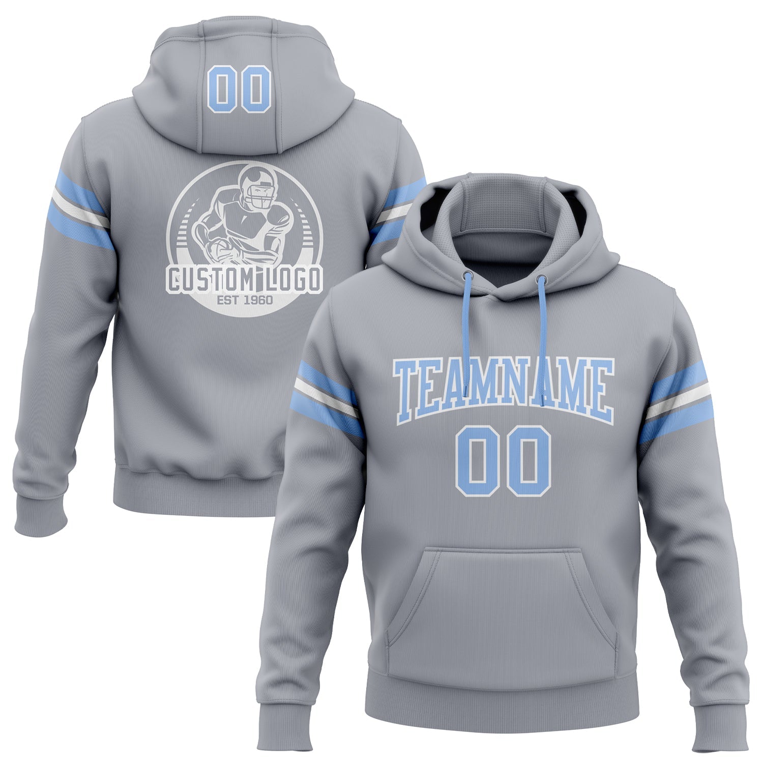 Custom Stitched Gray Light Blue-White Football Pullover Sweatshirt Hoodie - Main View