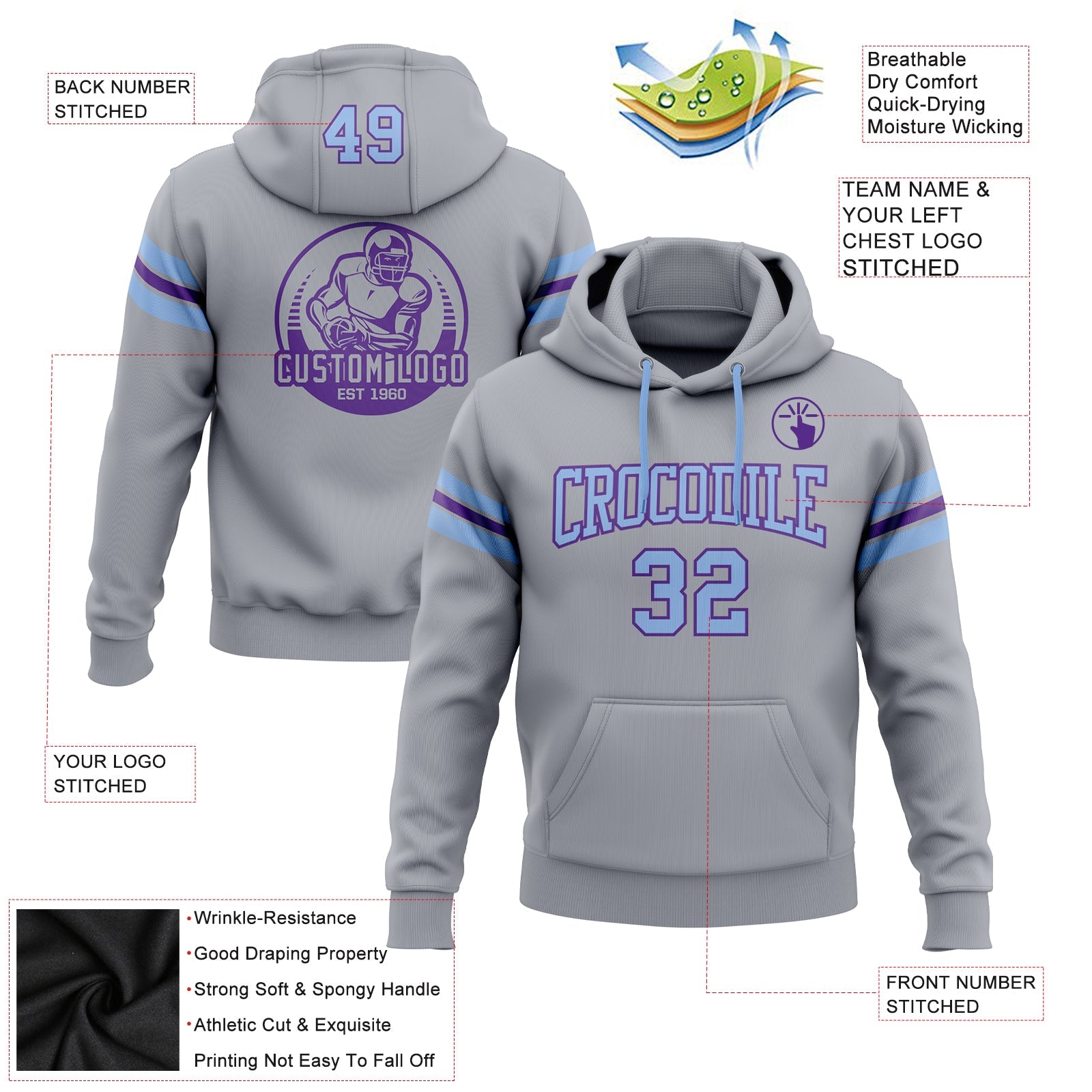 Custom Stitched Gray Light Blue-Purple Football Pullover Sweatshirt Hoodie view 2