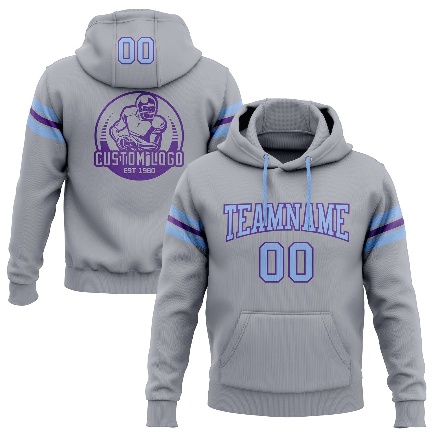 Custom Stitched Gray Light Blue-Purple Football Pullover Sweatshirt Hoodie - Main View