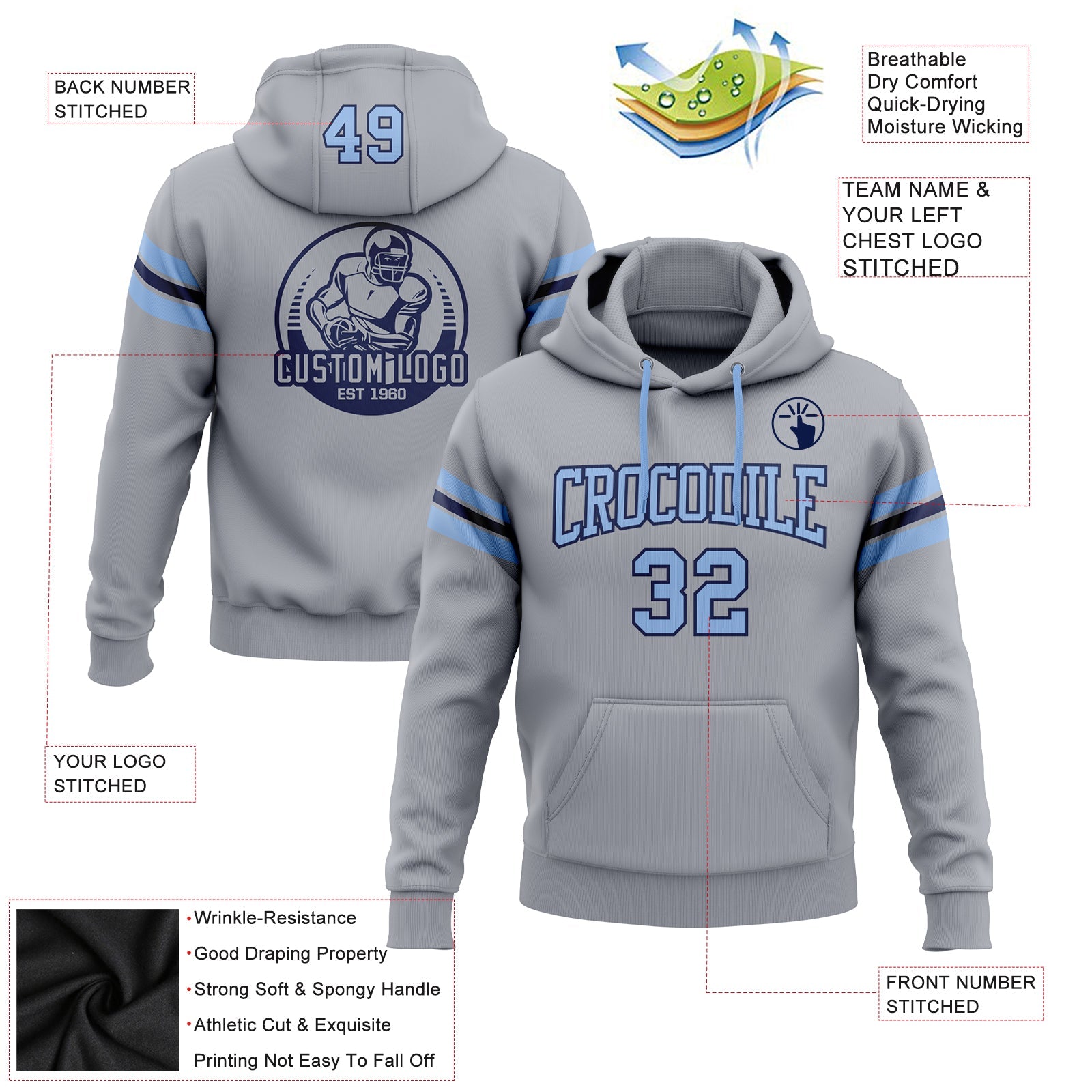 Custom Stitched Gray Light Blue-Navy Football Pullover Sweatshirt Hoodie view 2